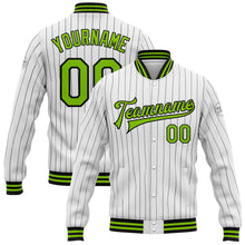 Load image into Gallery viewer, Custom White Black Pinstripe Neon Green Bomber Full-Snap Varsity Letterman Jacket
