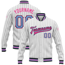 Load image into Gallery viewer, Custom White Black Pinstripe Light Blue-Pink Bomber Full-Snap Varsity Letterman Jacket
