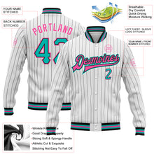 Load image into Gallery viewer, Custom White Black Pinstripe Aqua-Pink Bomber Full-Snap Varsity Letterman Jacket
