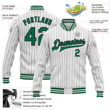 Load image into Gallery viewer, Custom White Black Pinstripe Kelly Green Bomber Full-Snap Varsity Letterman Jacket
