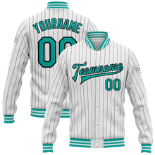 Load image into Gallery viewer, Custom White Black Pinstripe Aqua Bomber Full-Snap Varsity Letterman Jacket
