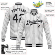 Load image into Gallery viewer, Custom White Black Pinstripe Gray Bomber Full-Snap Varsity Letterman Jacket
