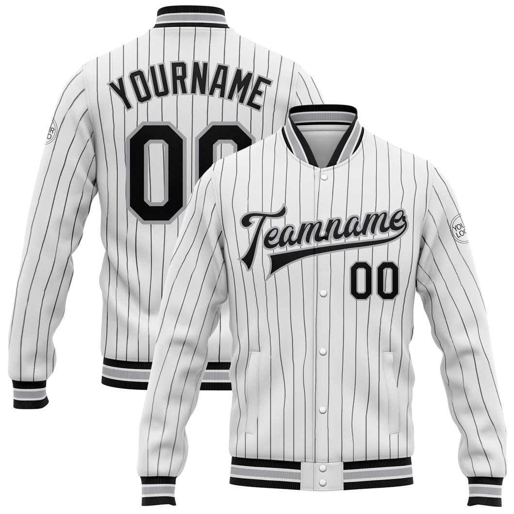 Custom White Black Pinstripe Gray Bomber Full-Snap Varsity Letterman Jacket