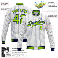 Load image into Gallery viewer, Custom White Navy Pinstripe Neon Green Bomber Full-Snap Varsity Letterman Jacket
