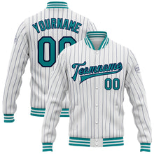 Load image into Gallery viewer, Custom White Navy Pinstripe Teal Bomber Full-Snap Varsity Letterman Jacket
