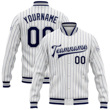 Load image into Gallery viewer, Custom White Navy Pinstripe Gray Bomber Full-Snap Varsity Letterman Jacket
