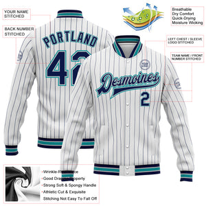 Custom White Navy Pinstripe Gray-Teal Bomber Full-Snap Varsity Letterman Jacket