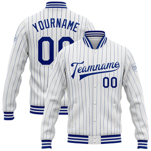 Custom White Royal Pinstripe Royal Bomber Full-Snap Varsity Letterman Jacket