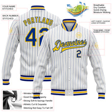 Load image into Gallery viewer, Custom White Royal Pinstripe Yellow Bomber Full-Snap Varsity Letterman Jacket
