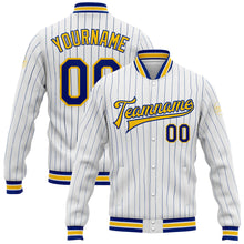 Load image into Gallery viewer, Custom White Royal Pinstripe Yellow Bomber Full-Snap Varsity Letterman Jacket
