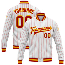 Load image into Gallery viewer, Custom White Red Pinstripe Gold Bomber Full-Snap Varsity Letterman Jacket
