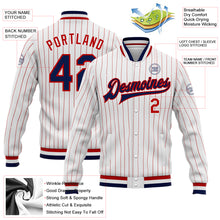 Load image into Gallery viewer, Custom White Red Pinstripe Navy Bomber Full-Snap Varsity Letterman Jacket
