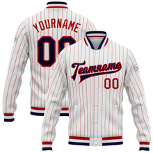 Load image into Gallery viewer, Custom White Red Pinstripe Navy Bomber Full-Snap Varsity Letterman Jacket
