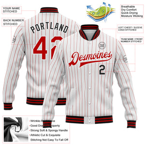 Custom White Red Pinstripe Black Bomber Full-Snap Varsity Letterman Jacket