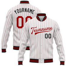 Load image into Gallery viewer, Custom White Red Pinstripe Black Bomber Full-Snap Varsity Letterman Jacket
