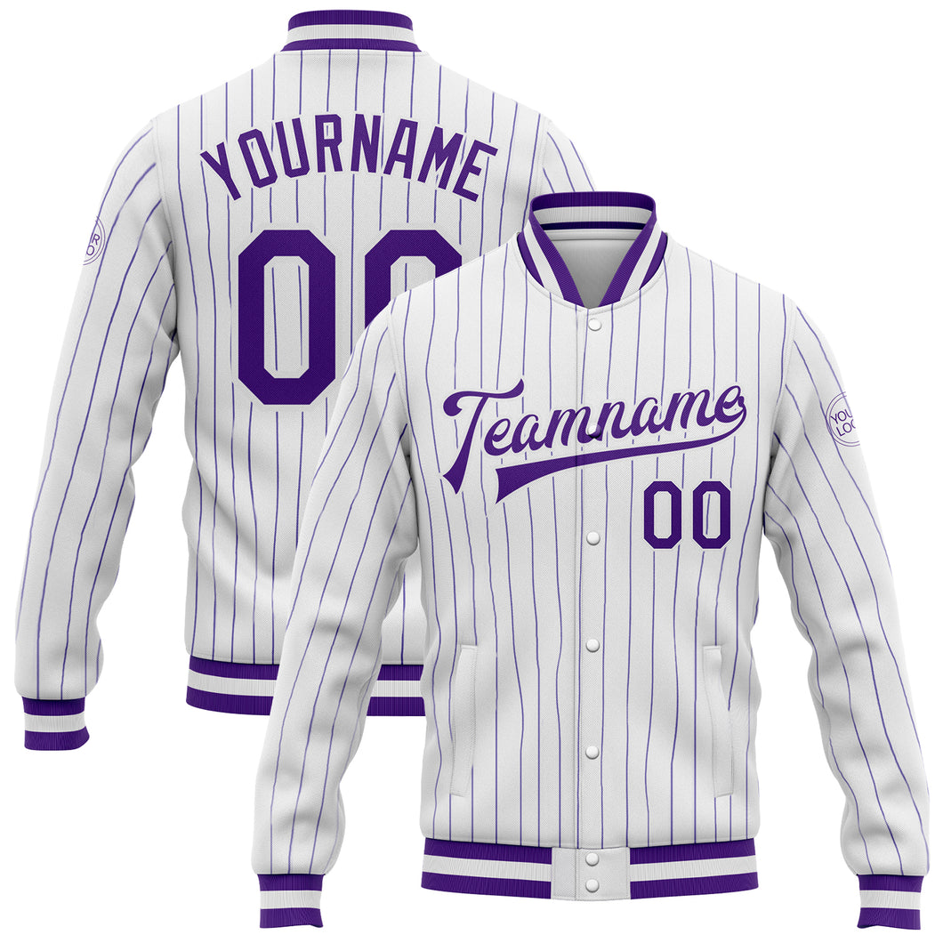 Custom White Purple Pinstripe Purple Bomber Full-Snap Varsity Letterman Jacket