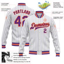 Load image into Gallery viewer, Custom White Purple Pinstripe Orange Bomber Full-Snap Varsity Letterman Jacket
