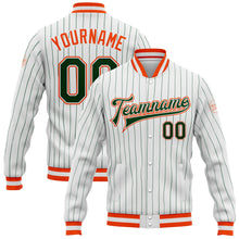 Load image into Gallery viewer, Custom White Green Pinstripe Orange Bomber Full-Snap Varsity Letterman Jacket
