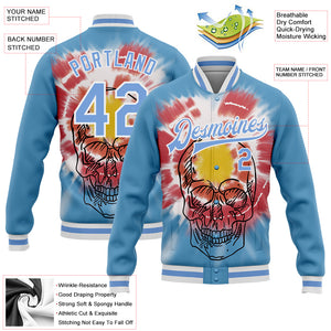 Custom Light Blue White Tie Dye Skull Fashion 3D Bomber Full-Snap Varsity Letterman Jacket