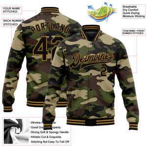 Custom Camo Black-Old Gold Jungle Camouflage 3D Bomber Full-Snap Varsity Letterman Salute To Service Jacket