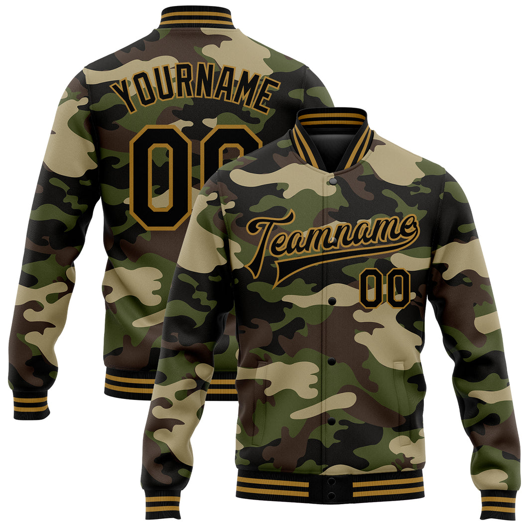 Custom Camo Black-Old Gold Jungle Camouflage 3D Bomber Full-Snap Varsity Letterman Salute To Service Jacket