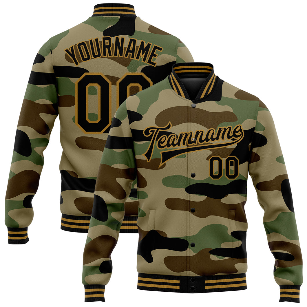 Custom Camo Black-Old Gold Jungle Camouflage 3D Bomber Full-Snap Varsity Letterman Salute To Service Jacket