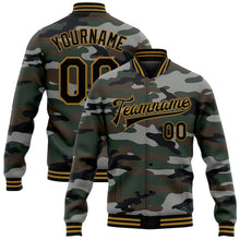 Load image into Gallery viewer, Custom Camo Black-Old Gold Jungle Camouflage 3D Bomber Full-Snap Varsity Letterman Salute To Service Jacket
