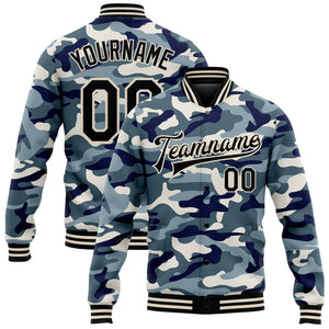 Custom Camo Black-Cream Ocean Camouflage 3D Bomber Full-Snap Varsity Letterman Salute To Service Jacket