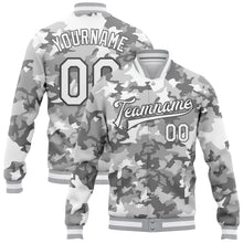 Load image into Gallery viewer, Custom Camo White-Steel Gray Snow Camouflage 3D Bomber Full-Snap Varsity Letterman Salute To Service Jacket
