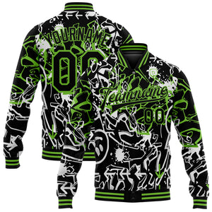 Custom Graffiti Pattern Black-Neon Green Abstract Grunge Art 3D Bomber Full-Snap Varsity Letterman Jacket