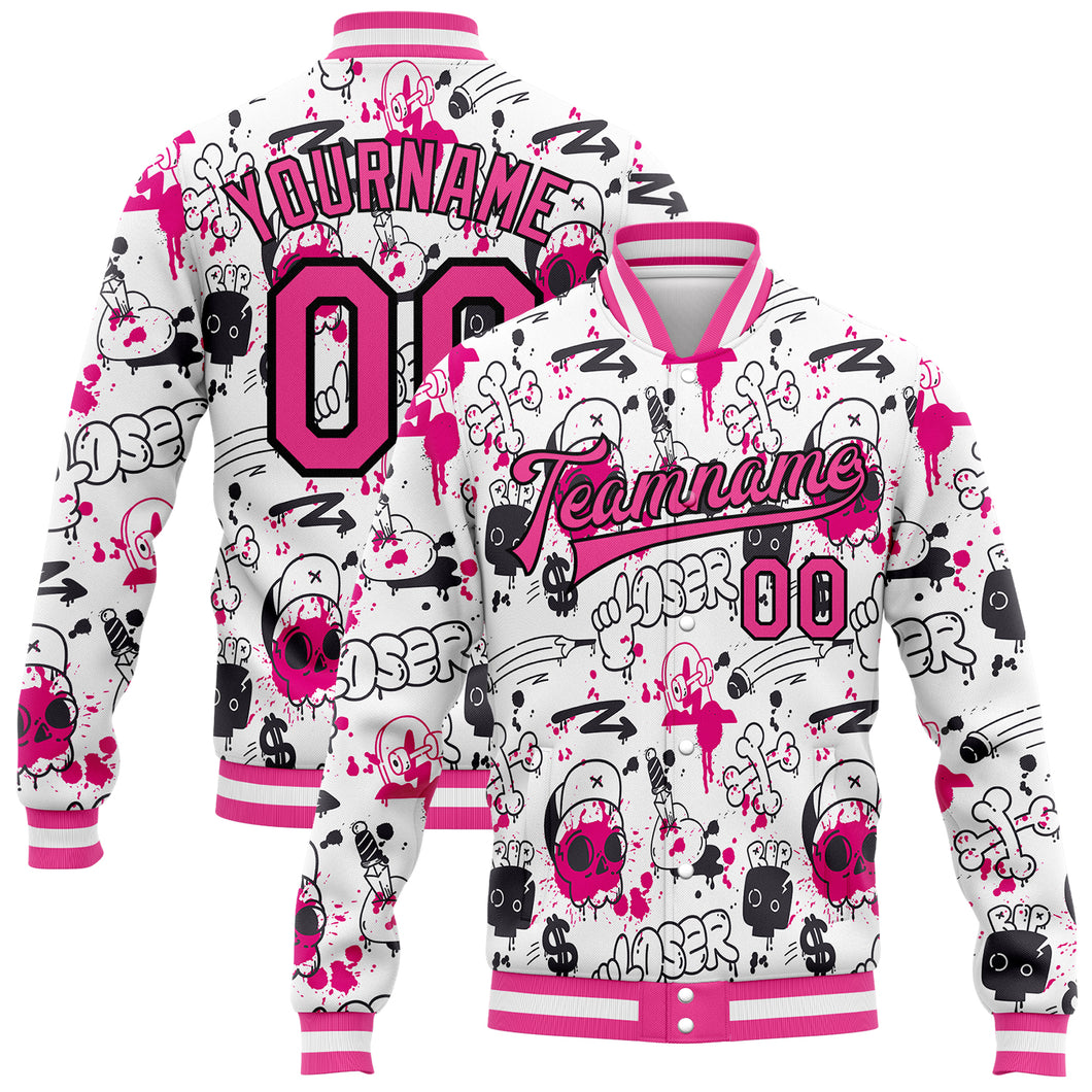 Custom Graffiti Pattern Pink-Black Abstract Grunge Art 3D Bomber Full-Snap Varsity Letterman Jacket