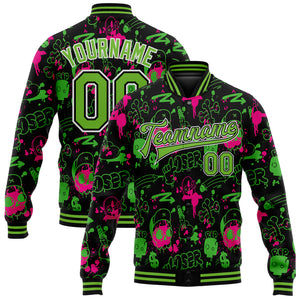 Custom Graffiti Pattern Neon Green-Black Abstract Grunge Art 3D Bomber Full-Snap Varsity Letterman Jacket