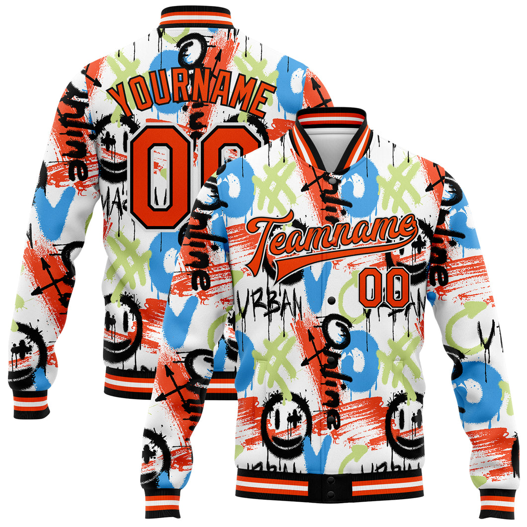 Custom Graffiti Pattern Orange-Black Abstract Grunge Art 3D Bomber Full-Snap Varsity Letterman Jacket