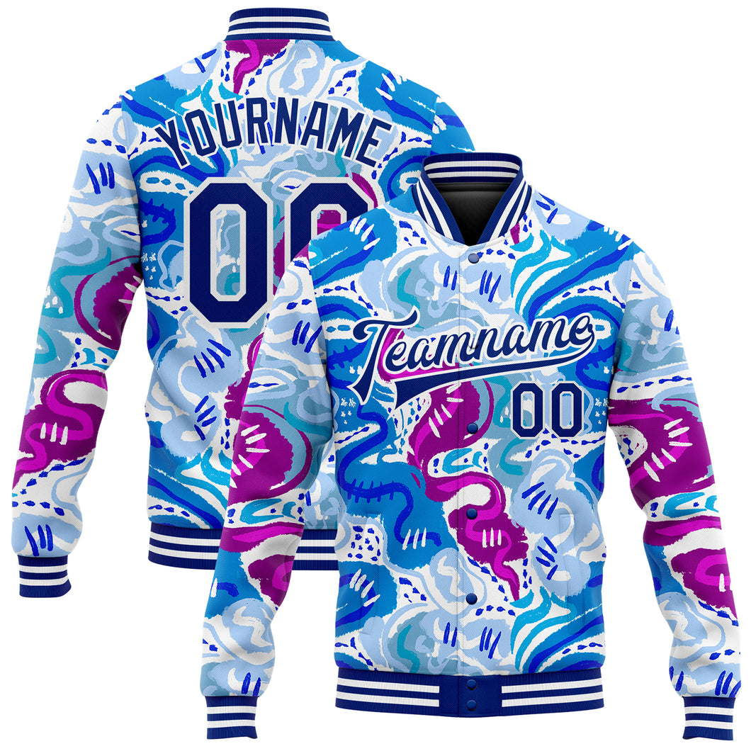 Custom Graffiti Pattern Royal-White Abstract Hand Drawn 3D Bomber Full-Snap Varsity Letterman Jacket