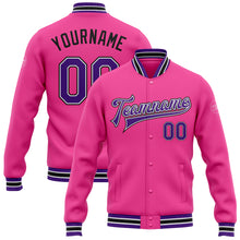 Load image into Gallery viewer, Custom Pink Purple-Black Bomber Full-Snap Varsity Letterman Jacket
