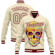 Load image into Gallery viewer, Custom Cream Maroon Skull Fashion 3D Bomber Full-Snap Varsity Letterman Jacket
