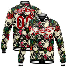 Load image into Gallery viewer, Custom Black Red-White Skull And Rose 3D Bomber Full-Snap Varsity Letterman Jacket
