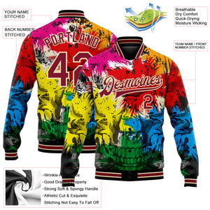 Custom Black Crimson-City Cream Skull Fashion 3D Bomber Full-Snap Varsity Letterman Jacket