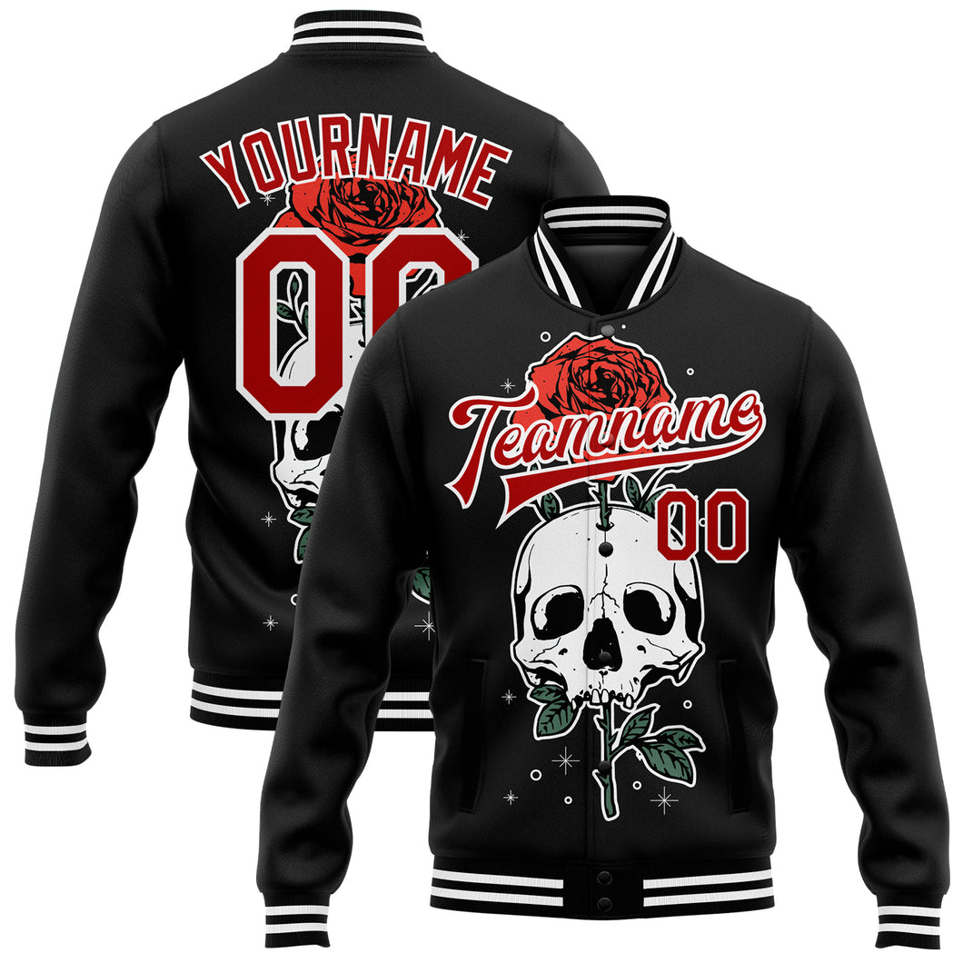 Custom Black Red-White Skull With Flower 3D Bomber Full-Snap Varsity Letterman Jacket