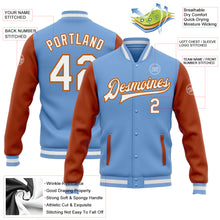 Load image into Gallery viewer, Custom Light Blue White-Texas Orange Bomber Full-Snap Varsity Letterman Two Tone Jacket
