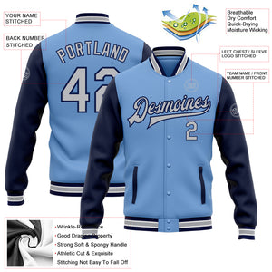 Custom Light Blue Gray-Navy Bomber Full-Snap Varsity Letterman Two Tone Jacket