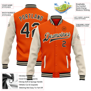 Custom Orange Black-Cream Bomber Full-Snap Varsity Letterman Two Tone Jacket