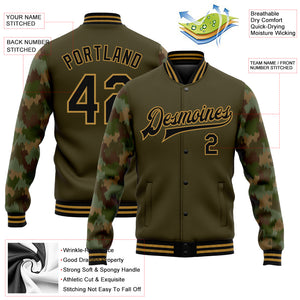 Custom Olive Black-Old Gold Camo Sleeves 3D Pattern Design Bomber Full-Snap Varsity Letterman Salute To Service Jacket