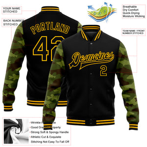 Custom Black Gold Fish Camo Sleeves 3D Pattern Design Bomber Full-Snap Varsity Letterman Jacket