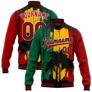 Custom Gold Red Black-Kelly Green Black History Month Hawaii Palm Trees 3D Bomber Full-Snap Varsity Letterman Jacket