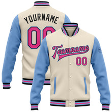 Load image into Gallery viewer, Custom Cream Pink Black-Light Blue Bomber Full-Snap Varsity Letterman Two Tone Jacket
