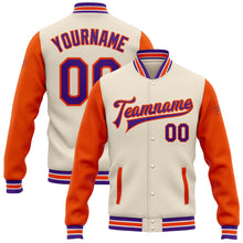 Load image into Gallery viewer, Custom Cream Purple-Orange Bomber Full-Snap Varsity Letterman Two Tone Jacket
