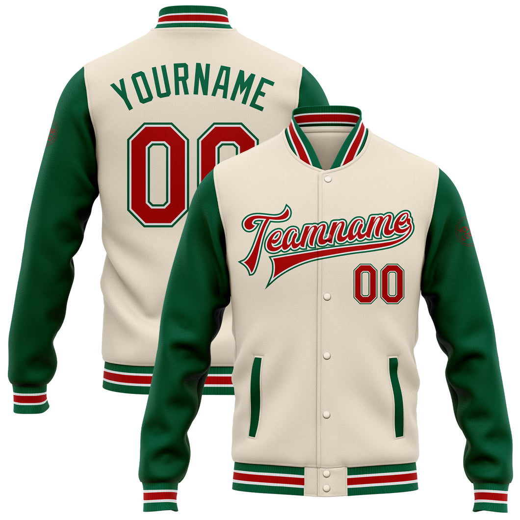 Custom Cream Red-Kelly Green Bomber Full-Snap Varsity Letterman Two Tone Jacket