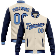 Load image into Gallery viewer, Custom Cream Light Blue-Navy Bomber Full-Snap Varsity Letterman Two Tone Jacket
