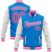Load image into Gallery viewer, Custom Electric Blue Pink-White Bomber Full-Snap Varsity Letterman Two Tone Jacket
